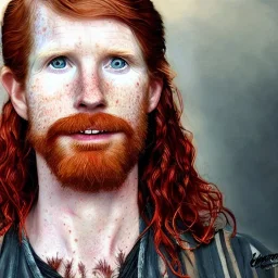 Portrait of young Courtney Gains as a ruggedly handsome, joyful, roguish pirate, charismatic, attractive male, masculine, perfect, precisely detailed clear eyes, unblemished, flawless skin, softly freckled face; meticulously detailed multi-hued ginger carrot-colored cherry fire red hair; fantasy, intricate, elegant, highly detailed, digital painting, concept art, matte, sharp focus, illustration, art by artgerm and greg rutkowski and alphonse mucha