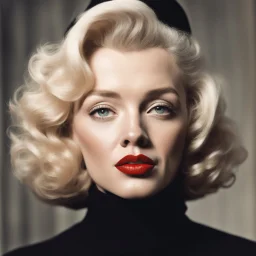 in a close-up, eye-level shot, marilyn monroe, a blonde woman with short, wavy hair, is the focal point of the image. she's dressed in a dark brown turtleneck sweater, paired with a black hat and a black suit jacket. her lips are a vibrant red, and her eyes are a deep brown. her hair, a light shade of blonde, is styled in loose waves, adding a touch of whimsy to her appearance. in the background, a man with a black hat and a white shirt is visible..,bokeh like f/0.8, tilt-shift lens 8k, high de