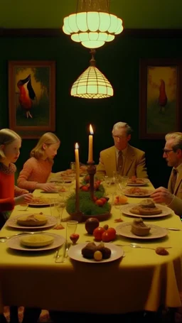 frame from a Wes Anderson film, full shot of the farm family at a sober celebration dinner in the Garden of Earthly Delights, small electric light bulbs on the table, birds on the table, grapes hanging, elegant and perfect composition