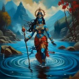 An oil painting of goddess Kali crossing a lake