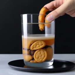 Pour milk into a clear glass cup. Inside the cup is a whole cookie.