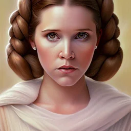 hyperspace background, complete and photo realistic detailed head to waist stunning photo realistic portrait of young carrie fisher as Princess Leia in star wars with photo realistic hairstyle by Mandy Jurgens and mucha and Richard Schmid and chuck close and chie yoshii, extraordinary and detailed ceremony dress of star wars,brown eyes