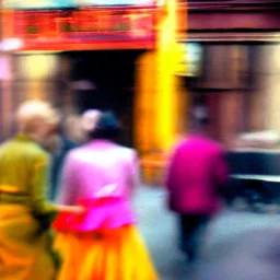 Picture 1950's street life, people, New York, very blurry, abstractism, colours, strong texture, 3d, chaotic