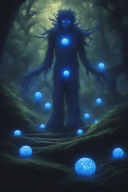 At night, the Forest Spirit transforms into the Night Walker or Daidarabotchi, a towering, translucent, and more abstract figure that glows with a blue light. In this form, the spirit's steps cause the vegetation to grow and wilt, highlighting its role as a giver and taker of life. Glowing floating flowery balls represent the essence of the forest