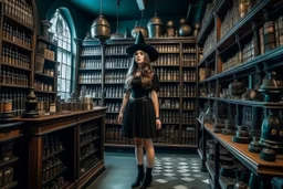 full-height shot of a young witch in a tight black short skirt, inside a large magic shop, shelving, bottles, windows