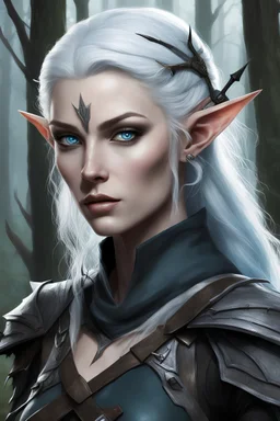 generate a dungeons and dragons character portrait of a female ranger wood elf. She has pale skin, icy white hair and piercing light blue eyes and dark circles under her eyes. She is wielding a powerful bow while in the forest. She is wearing black clothes.