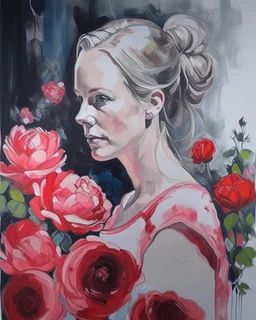 portrait, acrylic, fine drawing, Pregnancy, flowers,