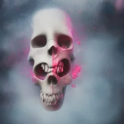 abstract photographic camera mixed with skull in dirty style. fog and smoke in atmosphere. bokeh, lens flare. Dark mood. Dripping paint. oil on canvas, mixed media, high detailed.