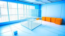 Create a futuristic office image with digital wireframe and 3D cubes. Use light blue and orange in a sleek, modern style, capturing the essence of forward-looking design.