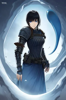 Motoko Kusanagi from Ghost In The Shell (1995), clad in medieval stell plate armour, melancholic, alone, big blue eyes, perfect, beautiful, black hair