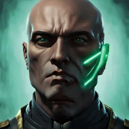 star wars bald male corellian jedi pilot wearing gunmetal grey and black old republic armored robes with gold trim inside the jedi temple holding a lightsaber with viridian green blade in left hand, centered head and shoulders portrait, hyperdetailed, dynamic lighting, hyperdetailed background, 8k resolution, volumetric lighting, light skin, fully symmetric details