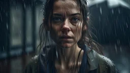 A stunning, solitary two woman stands alone in the pouring rain, encapsulating a mixture of anger and sadness. Her disheveled hair clings wetly to her face, while her piercing eyes convey deep emotions. The raindrops glisten on her delicate yet determined expression, creating a poignant scene that evokes both power and vulnerability. This breathtaking image, reminiscent of a vividly melancholic painting, captivates the viewer with its exquisite detail and evocative atmosphere.