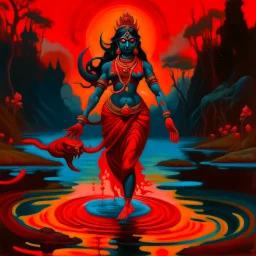 An oil painting of goddess Kali crossing a lake, neon red colors,