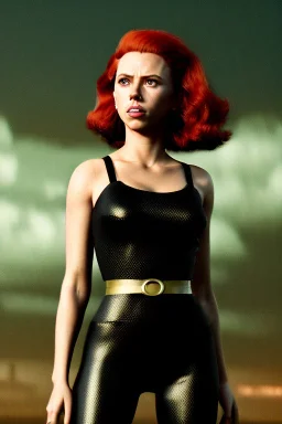 retro portrait image from 1960, sky background, wind, long red hair, fighting stance, sweet young Scarlett Johansson, black dress, classic long tight lycra black suit, gold bracelet and belt, high heel boots, superhero style, soft color, highly detailed, unreal engine 5, ray tracing, RTX, lumen lighting, ultra detail, volumetric lighting, 3d, finely drawn, high definition, high resolution.