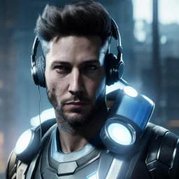 portrait, beautiful male DJ cyborg with headphones Christian Boshell, post-apocalyptic in a cyberpunk city, realistic, intricate detail, sci-fi style, volumetric lighting, particles, highly detailed, cinematic, deep Generate ultra-high-resolution, photorealistic image style of an overwatch character in nightclub.