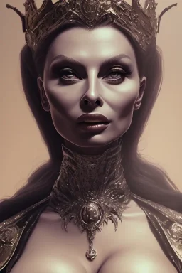 Sophia Loren as evil queen in black leather, cleavage, angry, stern look. character design by cory loftis, fenghua zhong, ryohei hase, ismail inceoglu and ruan jia. unreal engine 5, artistic lighting, highly detailed, photorealistic, fantasy