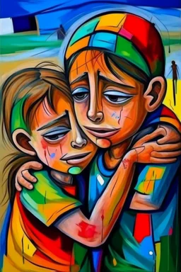a girl hug her brother and both crying sadly, expressionism, Pixar style, in abstract art Basquiat, Picasso, Miro, Kandinsky, Klee, Birell, Fairey, Ardon, Buffet aand Picasso style, HD --s 750 --v 5.1 --style raw, water color