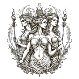 The Fates (Clotho, Lachesis, and Atropos).. realistis tatto sketch style, white background, profesional tatto sketch