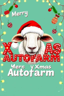 "Design a whimsical 1990s-style movie poster featuring a festive sheep with Santa's jolly characteristics. Capture the playful spirit of 'National Lampoon's Christmas Vacation.' Display 'Merry Xmas Autofarm' prominently in festive, bold letters, framed by twinkling lights and classic Christmas motifs. Use bright, nostalgic colors and playful design elements to evoke retro holiday magic and comedic fun