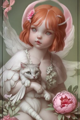 general view: a very small and delicate charming one-year-old angel with a perfect face with straight red hair from heaven sits in the garden on a blanket of cut peonies and holds a pink peony flower without a branch, in front of her liesa large fluffy gray cat, jean baptiste monge style, without inscriptions, logos and extraneous stamps, there should be no extra fingers and toes, don't make your cheeks scarlet red elegant fantasy photorealistic beautiful ultra detailed cinematic postprocessing