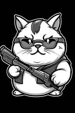 create a logo of cute fat tomcat with glasses carrying gun in its hands. logo must be transparent with no colors
