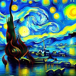 Dibujo al oleo de El cocodrilo del Nilo pintado con muchas nubes de colores estilo Vincent van Gogh