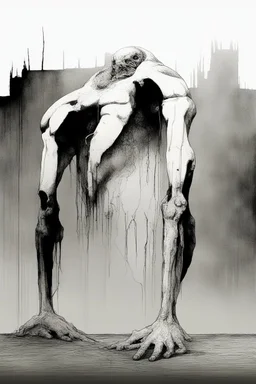 The full body of a fat man standing , decayed and rotting with grotesque proportions and imagery. surreal horror, biomechanical design, by hr giger and beksinski, fine line draw