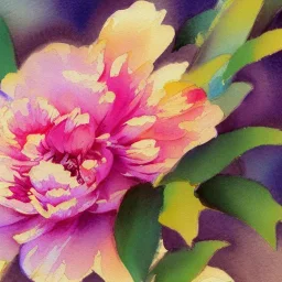 whimsical watercolor of a peony,warm colors, water color streaks and splashes, highly detailed, in the style of John Singer Sargent