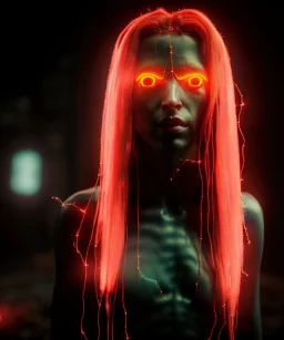 Ultra realistic photographic night portrait, cinematic, naked, long hair <sexy woman> <hanging wires> many wires coming out of the head <perfect pupil> <cyborg> <garage> <wide angle Shot> <sci-fi futuristic> <thriller>, fog, soft color, highly detailed, unreal engine 5, ray tracing, RTX, lumen lighting, ultra detail, volumetric lighting, high definition.