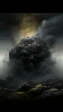 ,surrealism of the dark of a nightmare , hyper photorealistic, hyper detailed dark art color, high resolution, fog, octane render, tilt shift, HDRI Environment, all pictures dark gray, a cigar shape stone hovering in the sky