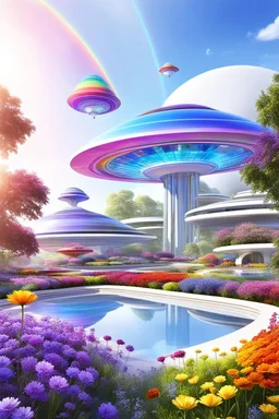 colors, very beautiful, ,flowers, garden,rainbow, cité futuriste ultra moderne, ufos