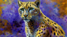 A light purple time elemental cheetah painted by Claude Monet