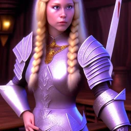 one knight in purple armor. One blonde barbarian. One gnome mage. In a tavern. DVD screencap from 1980 dark fantasy movie