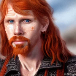 Portrait of Courtney Gains as a ruggedly handsome but joyful roguish pirate, charismatic, attractive male, masculine, perfect, precisely detailed, lightly freckled face, meticulously detailed multi-hued ginger carrot colored cherry fire red hair; Malachai of the corn; fantasy, intricate, elegant, highly detailed, digital painting, artstation, concept art, matte, sharp focus, illustration, art by artgerm and greg rutkowski and alphonse mucha