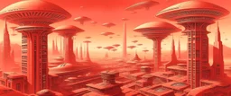 A light red futuristic city with UFOs designed in ancient Egyptian architectures and sculptures painted by Caspar David Friedrich