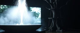 flickering tv screen, a fountain light mist smoke and feathers, radiant white feather light mirror bounce ancient angelic wooden treant by dark fountain,sonoluminessence, yin yang