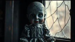 looking at the camera a high realistic vintage crepy porcelain puppet doll, old, dirty with old dress, sitting on shelf, in background blur cracked window. The figure has cracked face and head, and piercing big black eyes. High contrast, cinematic, thriller, dark, atmospheric. Surreal style , perfect composition, sharp focus, intricate details, gloomy vibe