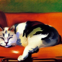 oil portrait of tricolor pattern Cat sleeping in a sofa by Joaquín Sorolla 8k