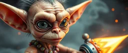 close up portrait with fine pores and real skin texture, clear transparent shiny eyes, hairy macho disco gremlin alien pimp indian Homunculus – living in a hi tech marvellous hot dog art graphics and gems on rocket with a mounted sling shot mega harpoon, heading for venus , background motion blur and smoke swirls