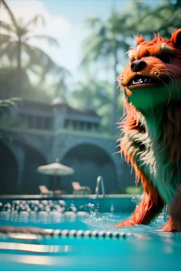 Realistic pool scene. big furry monster into water. Wes Anderson style. Red hair, smile, happy, gradient color fog. highly detailed, concept art, unreal engine 5, ray tracing, RTX, lumen lighting, ultra detail, volumetric lighting, 3d, finely drawn, high definition, high resolution.