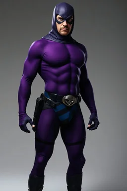 full-length, A portrait of a the Phantom, a man with piercing blue eyes, a chiseled jaw, goatee, timeless face, stern expression, Wearing a skintight formfitting purple cotton hero suit with a skintight cowl with a widows peak that fits tight to his head, but does not cover his face or his forehead , he wears a thin, black leather, bandit eye disguise over his eyes, black and blue diagonally striped trunks, dual-holstered pistol belt adorned with a triangle skull-shaped buckle, leg straps, boot