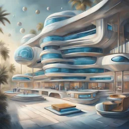 a realistic drawing of a futuristic hotel. This hotel houses money, credit cards, crypto. The sense of this painting is of a place where money can 'relax' from its stressful use by people on a daily basis.