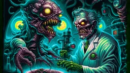 High_Quality_Art Digital Painting of Science experiment Horror surgeon Monster creature by Richard Corben, Todd Schorr, T-Shirt Design, Black Background,