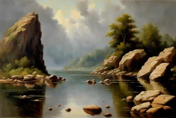 Cloudy day, lake, rocks, begginer's landscape, 2000's sci-fi movies influence, friedrich eckenfelder, and pieter franciscus dierckx impressionism paintings