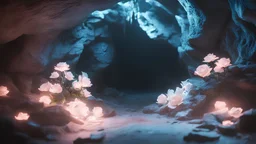 Photoreal dark underground cave with neon brightly neon glowing neon white neon glass neon roses in the style of fantasy movies, photorealistic, shot on Hasselblad h6d-400c, zeiss prime lens, bokeh like f/0.8, tilt-shift lens 8k, high detail, smooth render, unreal engine 5, cinema 4d, HDR, dust effect, vivid colors