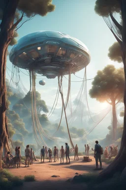 aesthetically pleasing image of a scene of futuristic alien like tech wild camping full of friends and a happy community , the scene features peoples on tall trees , bridges and rope nets hanging between the trees . it's a clear day without clouds and you can see mountains and sea as a deep beautiful background
