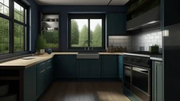 kitchen with dark blue, forest green on the left side by the window from the bottom up, a microwave and an oven installed in the furniture, and on the right side and next to it an induction hob and a cooker hood above it, on the right side there is a sink and a dishwasher underneath it