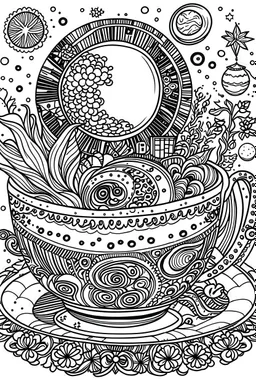 Outline art for coloring page, AVANT GARDE DRAWING TEACUP SET WITH CLEAR MOON IN THE BACKGROUND, coloring page, white background, Sketch style, only use outline, clean line art, white background, no shadows, no shading, no color, clear