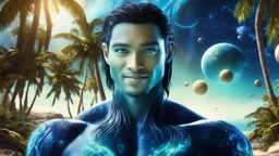 beautiful gorgeous young man na'vi with long hair, Avatar, blue skin, two small ears, green eyes, black hair, in cosmic suit, galactic ambiance, little pointy goatee , smiling, with spaceship and planets and palm trees and clear crystaline cosmic beach in background