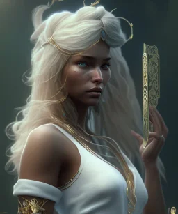 Gipsy, beautiful, curvy body, white fabric dress, beautiful long hair, bandana, head and shoulders portrait, holding tarot card, 8k resolution concept art portrait by Greg Rutkowski, Unreal Engine 5 volumetric lighting